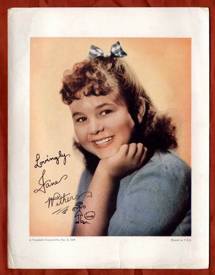 JANE WITHERS 1939 RARE VINTAGE SIGNED COLOR PICTURE